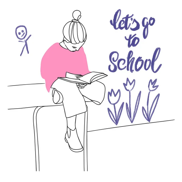 Lets School Handwritten Inscription Girl Schoolgirl Reads Book Sitting Desk — Vector de stock