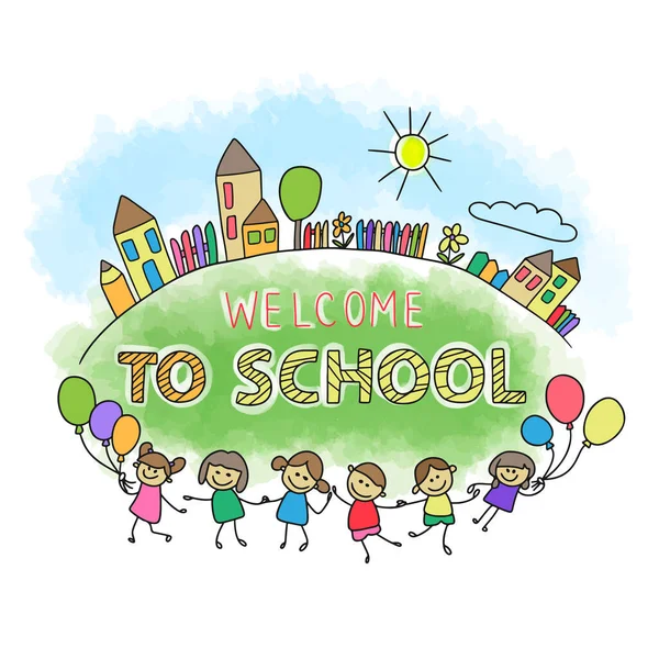 Welcome School Handwritten Quotes Cartoon Kids Joyful Balloons Cute City — Vector de stock
