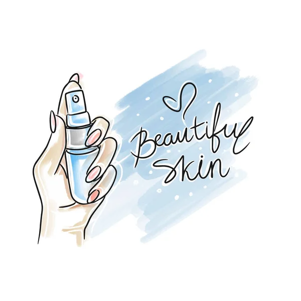 Beautiful Skin Handwritten Lettering Skin Care Cosmetics Hand Holding Bottle —  Vetores de Stock