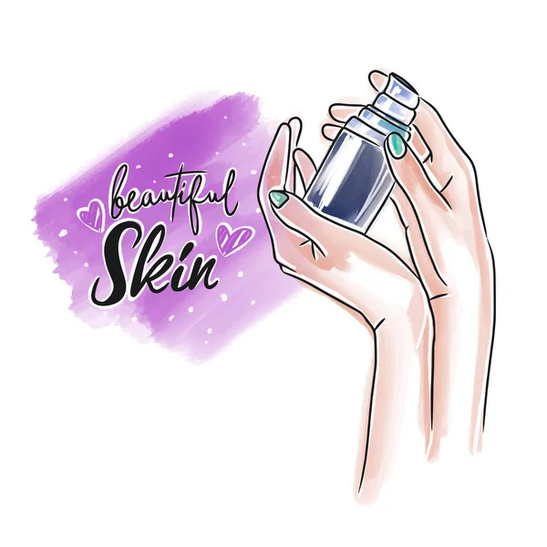 Beautiful Skin Handwritten Lettering Skin Care Cosmetics Hands Bottle Cosmetic — Stock Vector