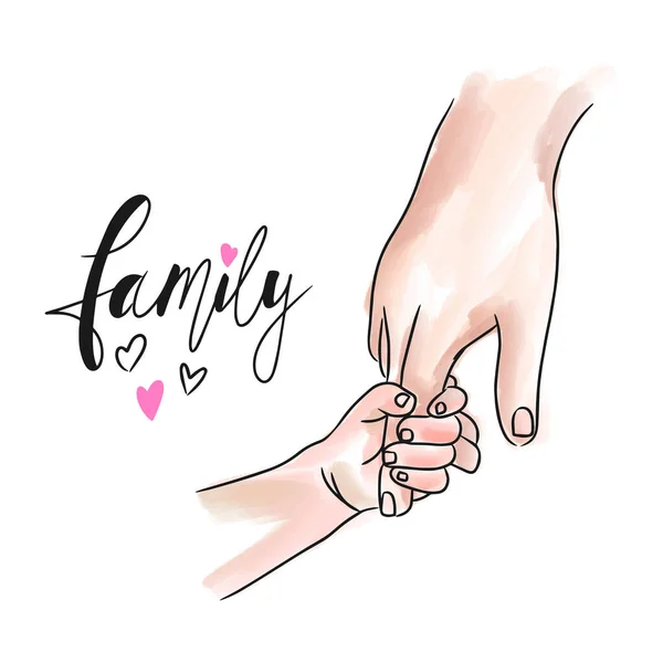 Family Handwritten Inscription Cartoon Childrens Hand Holds Hand Adult Watercolor — Vettoriale Stock