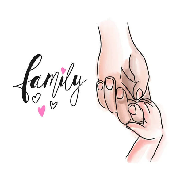 Family Handwritten Inscription Cartoon Childrens Hand Holds Hand Adult Watercolor — Stok Vektör