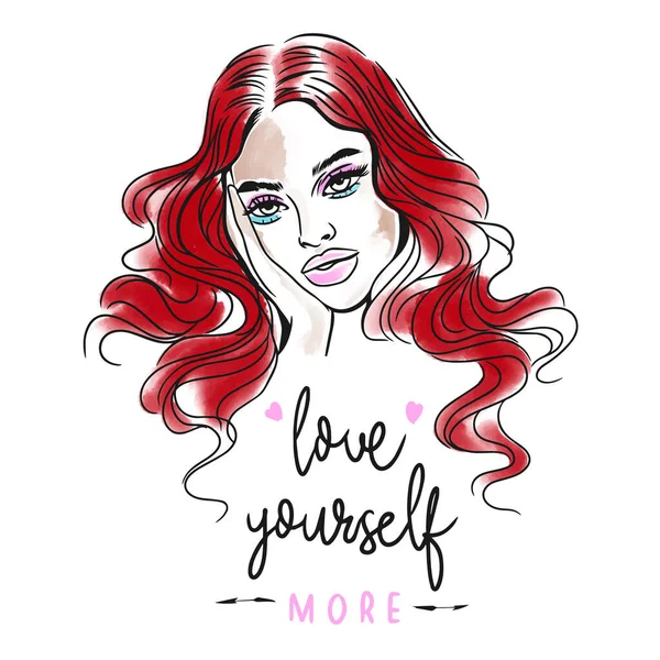 Love Yourself More Handwritten Quote Beautiful Girl Long Hair Doodle — Stockvektor