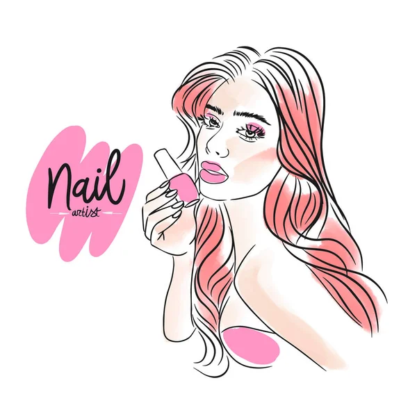 Nail Artist Beautiful Girl Manicure Master Holding Nail Polish Watercolor — Vector de stock