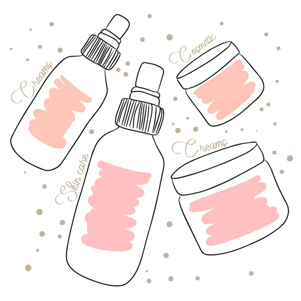 Cosméticos Para Cuidado Piel Cita Manuscrita Botellas Para Cremas Geles — Vector de stock