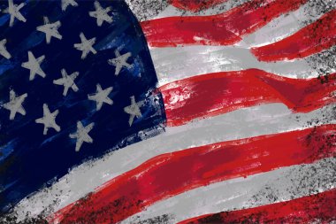 Amerika Birleşik Devletleri bayrağı, akrilik resim, sürtünmeli grunge, vatansever renkler, fırça darbeleri, el yapımı