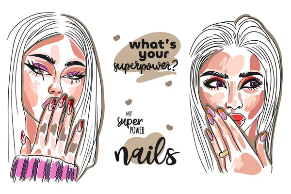 Seth What Your Superpower Nails Superpower Handgeschriebenes Zitat Mädchenporträts Lange — Stockvektor