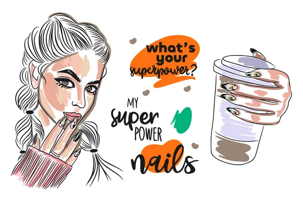 Seth What Your Superpower Nails Superpower Handgeschriebenes Zitat Mädchenporträts Hand — Stockvektor