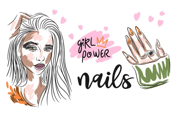 Mode Set Mädchen Stärke Nägel Handschriftliches Zitat Trendige Maniküre Mädchen — Stockvektor