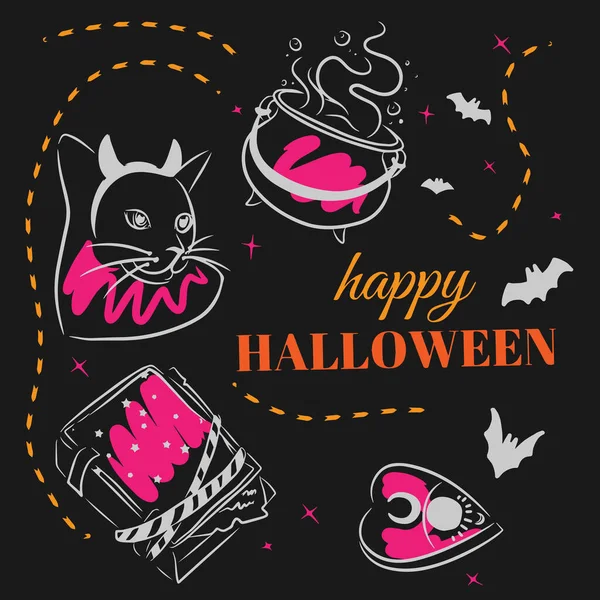 Szczęśliwego Halloween Zestaw Magii Kocioł Eliksir Kot Księga Zaklęć Rysunek — Wektor stockowy