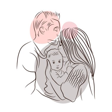 Genç bir aile, sevgi, anne ve baba yeni doğmuş bir bebeği kucaklıyor, sıcak duygular, çizgi, karalama tarzında çizim
