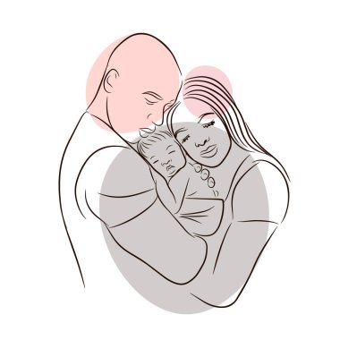 Anne ve baba yeni doğmuş bir bebeğe sarılıyor, sevgi, sıcak duygular, çizgi, karalama tarzında çizim