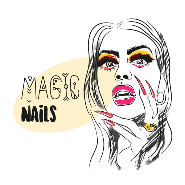Portrait Girl Bright Makeup Fangs Long Nails Magic Nails Handwritten — Stock Vector