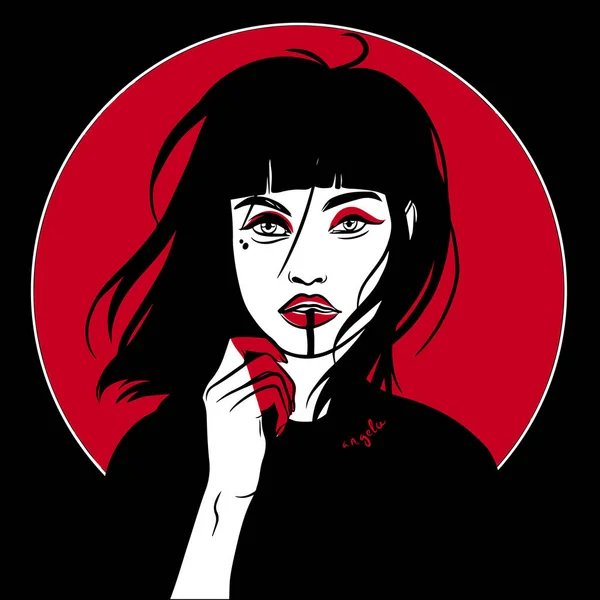 黒の背景に赤と白の色の少女のミニマルな肖像画 グラフィック — ストックベクタ