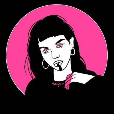 Bir kızın portresi, minimalizm, pembe beyaz, siyah arka plan, moda, grafikler