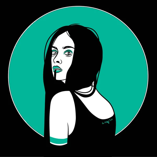 Chica Pelo Largo Verde Blanco Sobre Fondo Negro Minimalismo Moda — Vector de stock