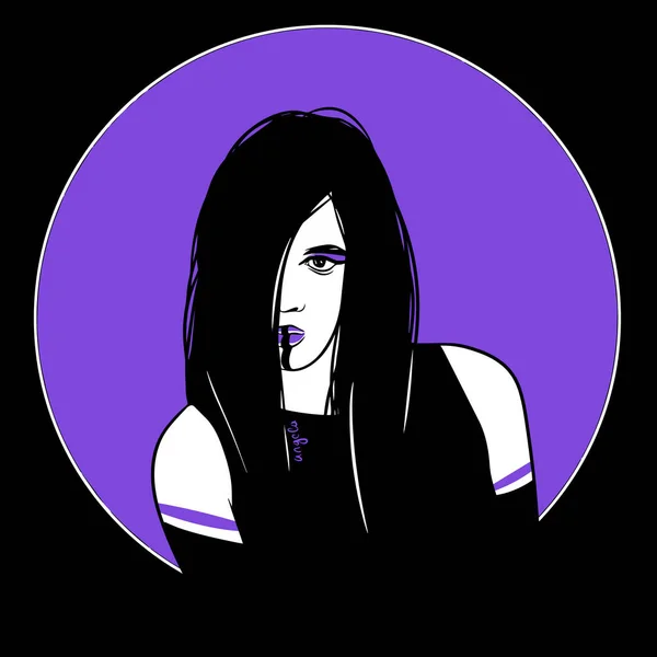 美しい肖像画 長い髪の少女 紫と白 黒の背景 ミニマリズム ファッション グラフィック — ストックベクタ
