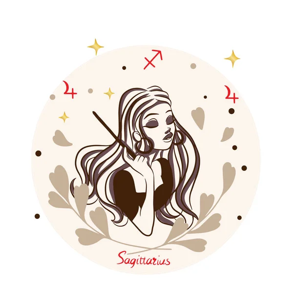 Sagittarius Girl Magic Wand Cartoon Style Zodiac Sign Decoration Doodle — Stock Vector