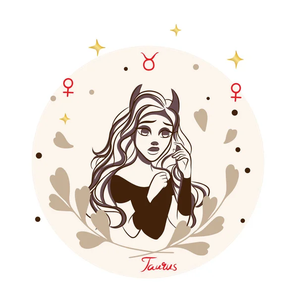 Cartoon Style Taurus Girl Zodiac Sign Decoration Doodle Postcard Fashion — Stock Vector