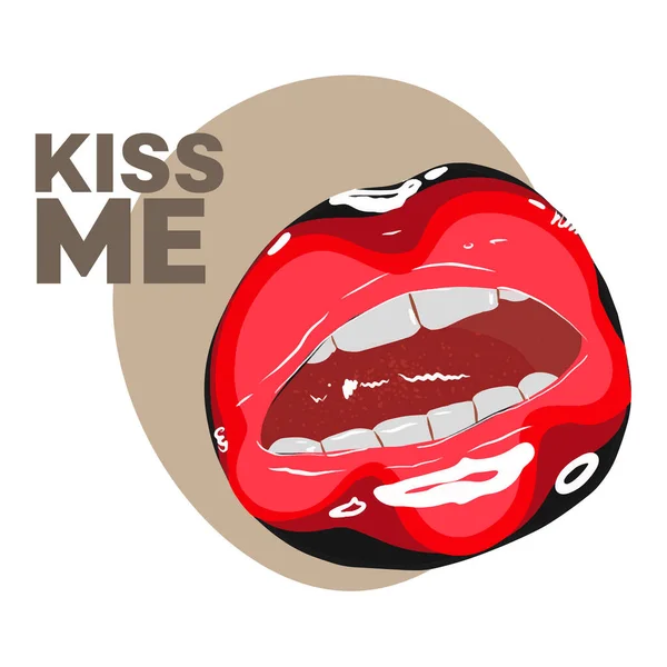 Design Romântico Beije Inscrição Cartão Elegante Com Lábios Pintados Maquiagem — Vetor de Stock