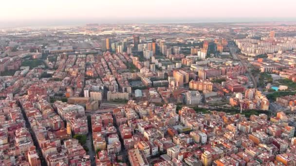 Miasto Barcelona Wschodzie Słońca Widok Lotu Ptaka Dzielnicy Biznesowej Gran — Wideo stockowe