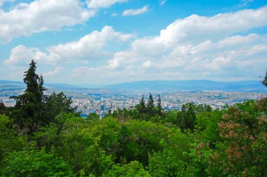 Geniş çatılı ve ağaçlı güzel bir manzara. Şehir manzarası. Şehrin tepesinden manzara, şehir gözlemi, kartpostal görüntüsü