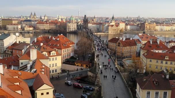 チェコ共和国のヴルタヴァ川沿いのプラハ城上からプラハ市内を眺めタイムラプス — ストック動画