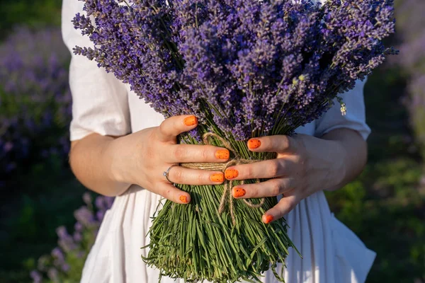 Close Hands Woman Holding Purple Lavender Flowers Bouquet — Stock Photo, Image