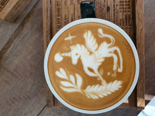 Tasse Café Avec Latte Art Licorne Peinture Sur Table Bois — Photo