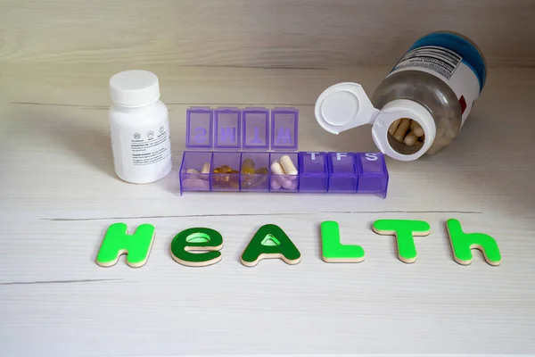Word Health Made Letters Wooden Background Box Pills Vitamins Pill — Foto de Stock