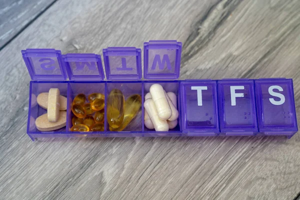 Word Health Made Letters Wooden Background Box Pills Vitamins Pill — Foto Stock