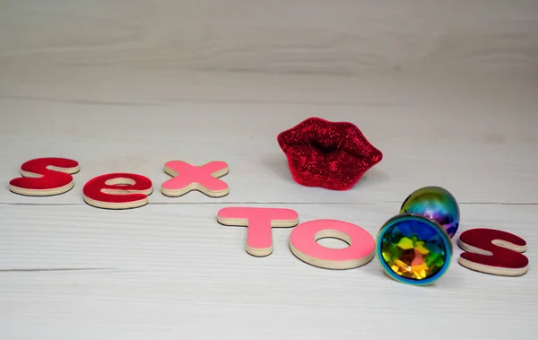 Sex Toys Phrase Words Colorful Letters Bright Lips Concept Advertisement — Stock Fotó