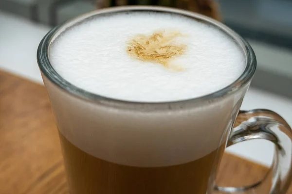 Close White Frothy Foam Cup Latte Softness Drink Breakfast Time — 图库照片