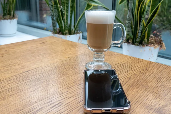 Latte Foam Transparent Glass Wooden Table Cafeteria Plants Indoors Silhouette — Photo