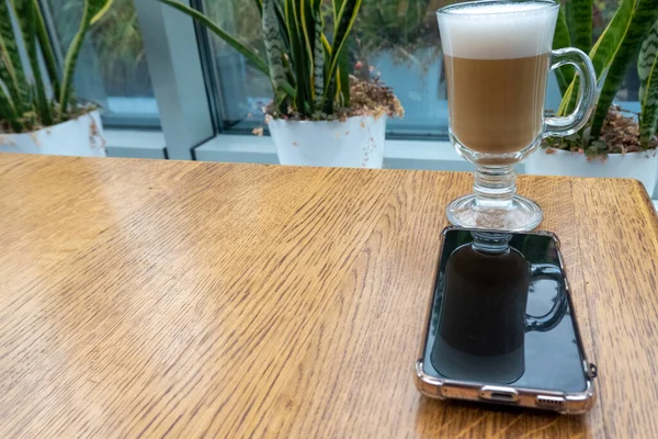 Latte Foam Transparent Glass Wooden Table Cafeteria Plants Indoors Silhouette — Photo