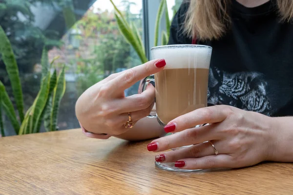 Woman Hand Beautiful Manicure Rings Jewelry Holding Cup Coffee Latte — Photo