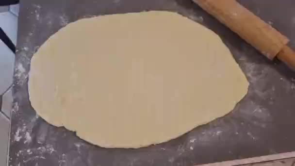 Rolled Out Fresh Dough Baker Rolling Pin Kitchen Table — Stockvideo
