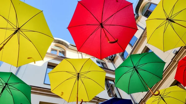 Multi Color Umbrellas Street Outdoor Decoration Bright Blue Sky Background — Fotografia de Stock