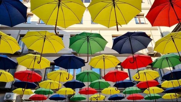 Multi Color Umbrellas Street Outdoor Decoration Bright Blue Sky Background — Fotografia de Stock
