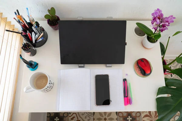 cozy modern workplace, space, home office: table desk with laptop, computer mouse, stationery, orchid plant, cup, open textbook with white pages, pen. Concept of work from home, study, back to school