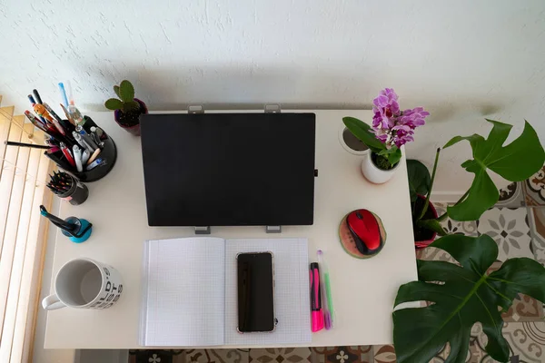 cozy modern workplace, space, home office: table desk with laptop, computer mouse, stationery, orchid plant, cup, open textbook with white pages, pen. Concept of work from home, study, back to school