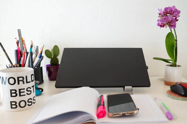 cozy modern workplace, space, home office: table desk with laptop, computer mouse, stationery, orchid plant, cup, open textbook with white pages, pen. Concept of work from home, study, back to school