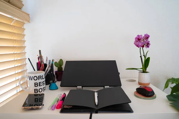 cozy modern workplace, workspace, home office: table desk with laptop, computer mouse, stationery, orchid plant, cup, open textbook with black pages, pen. Concept of work from home, study, back to school