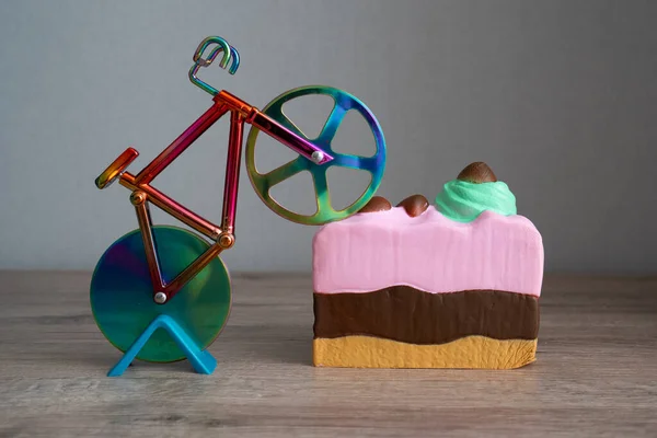 Colorful Knife Cutter Shape Bicycle Bright Birthday Piece Sponge Cake — Photo