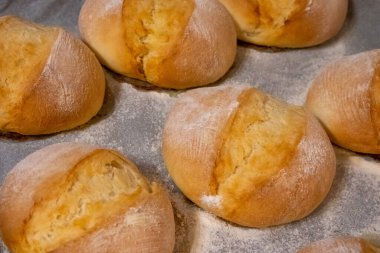 Beyaz arka planda taze pişmiş ekmek ruloları.