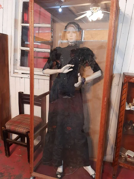 Siyah elbiseli bir kadın cam bir kutunun içinde bir odada.