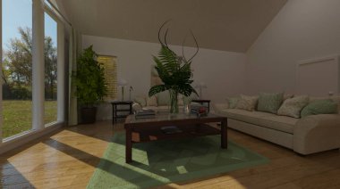 Duvarında televizyon olan bir oturma odasının 3 boyutlu çizimi