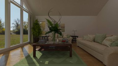 Duvarında televizyon olan bir oturma odasının 3 boyutlu çizimi