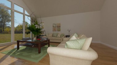 Duvarında televizyon olan bir oturma odasının 3 boyutlu çizimi