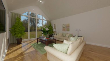 Duvarında televizyon olan bir oturma odasının 3 boyutlu çizimi